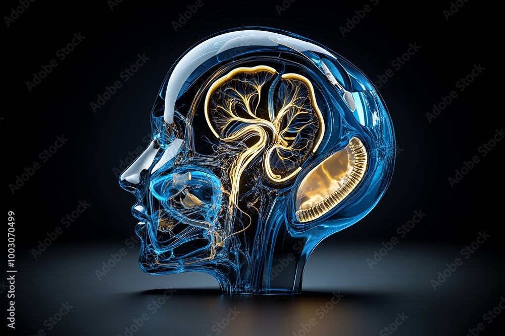 Poster hyper-realistic view of the inner ear anatomy, showing the detailed structures of the cochlea, semic