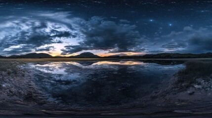 Obraz premium A serene twilight landscape reflecting mountains and clouds on a calm lake.