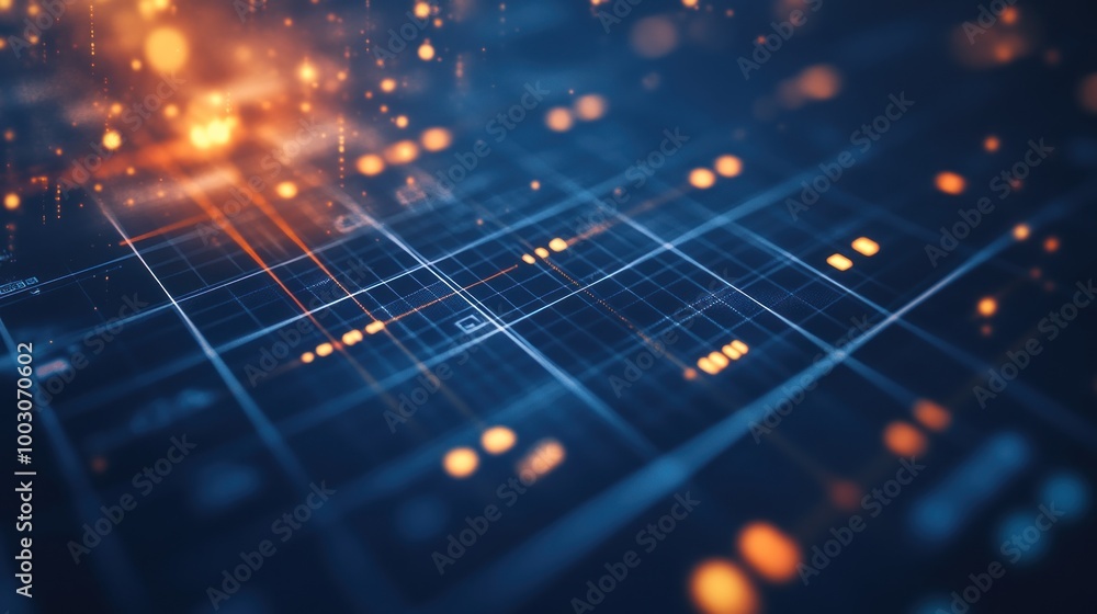 Poster abstract digital grid with glowing elements representing data and technology concepts.