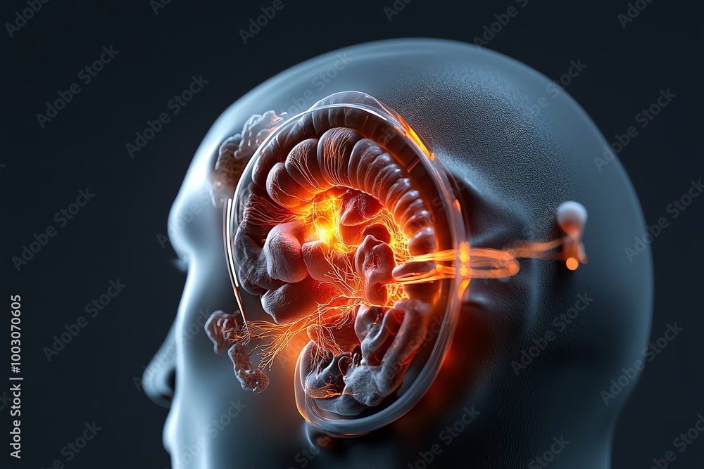 Poster hyper-realistic view of the inner ear anatomy, showing the detailed structures of the cochlea, semic