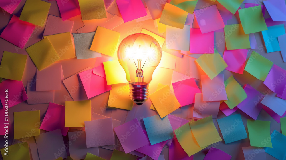 Aufkleber a light bulb is lit up in front colorful sticky notes, brainstorming and solution idea concept.