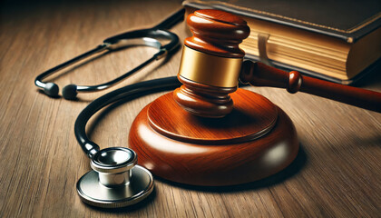 High-definition image of a judge's gavel with visible handle placed beside a stethoscope symbolizing legal authority and healthcare regulations