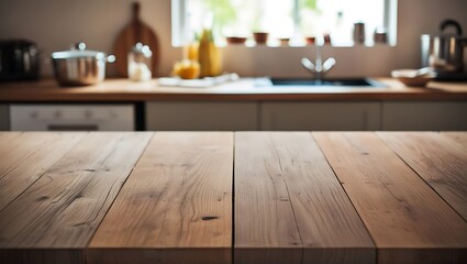 Modern kitchen interior with wooden empty table. Generative Ai.