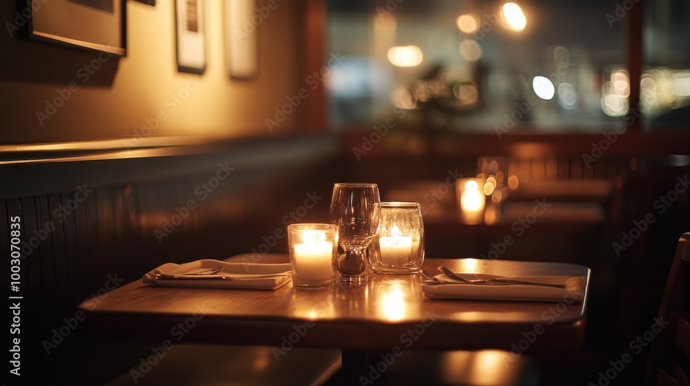 Wall mural A cozy restaurant table set with candles, creating a warm and intimate atmosphere.