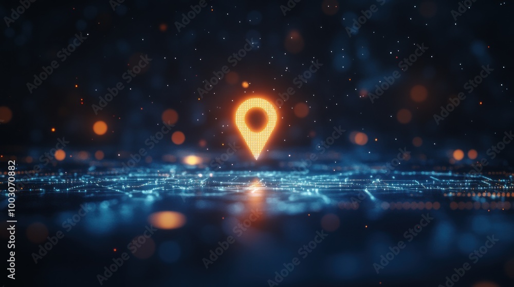 Poster a glowing location pin on a digital landscape, symbolizing navigation and mapping technology.