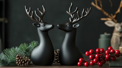 Black reindeer figures with festive red berries and pine cones