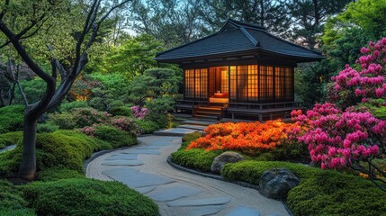 Serene Japanese garden with a traditional house, vibrant flowers, and a winding stone path.