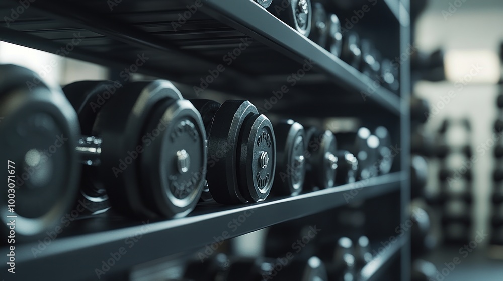 Poster a close-up view of a rack filled with dumbbells in a gym setting.