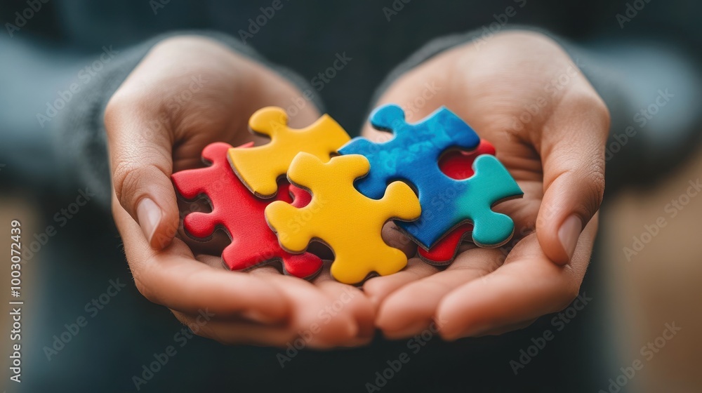 Poster hands holding colorful puzzle pieces, symbolizing problem-solving and creativity.