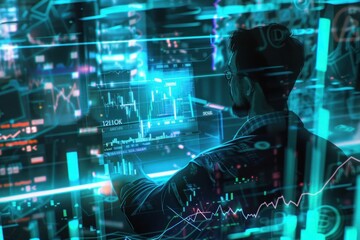 A person analyzing cryptocurrency fluctuation charts in a futuristic setting