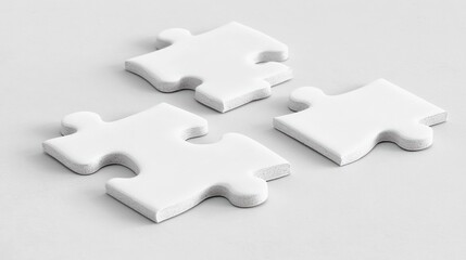 Obraz premium Three white puzzle pieces arranged on a light background, symbolizing problem-solving or creativity.