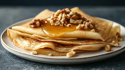 Delicate vanilla crepes topped with honey and walnuts, on a white marble plate, set against a deep navy-blue background