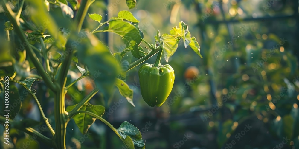 Wall mural mature green pepper in the garden