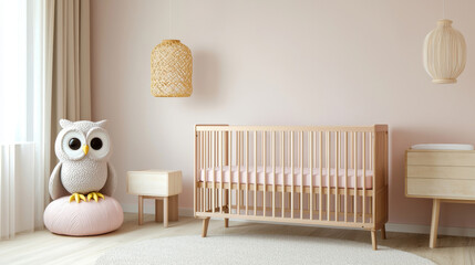 Cozy nursery featuring a wooden crib, soft furnishings, and a playful owl decor for a cute and warm atmosphere.
