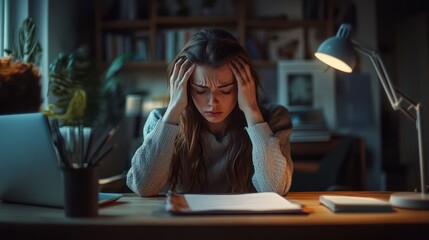 Woman experiencing headache or stress while working at a busy desk in a marketing or advertising environment, facing challenges related to anxiety, burnout, and mental well-being