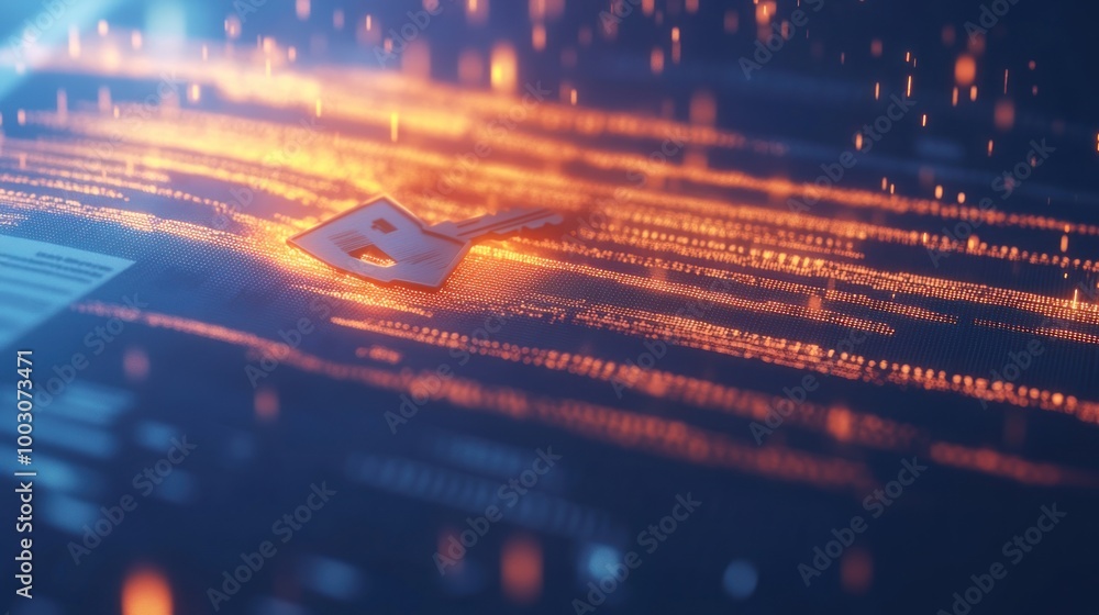 Poster abstract representation of digital technology with glowing elements on a circuit board.