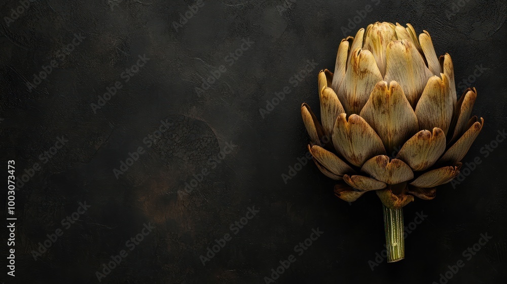 Poster an artichoke displayed on a dark surface, highlighting its unique shape and texture.