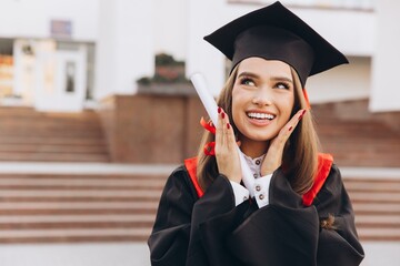 Smiling Female Graduate Celebrating Achievement in Cap and Gown at University Ceremony