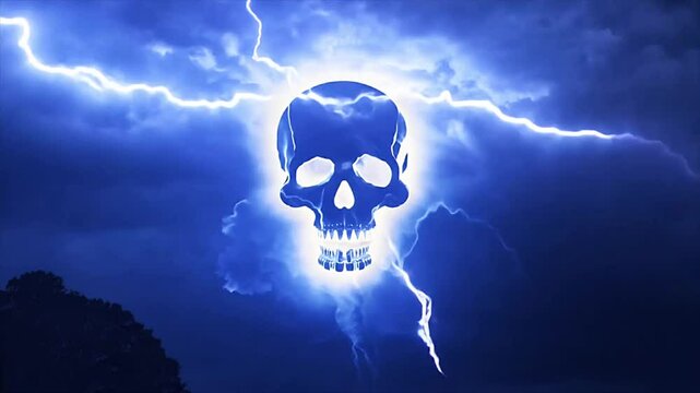 Glowing blue skull with lightning strikes in a stormy dramatic night sky