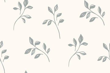 Seamless pattern, abstract botanical design of sketch branches with tiny leaves. Minimalist floral design in two colors: small hand drawn branches, plant silhouettes on white. Vector illustration.