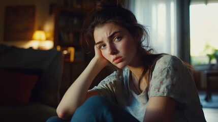 Fototapeta premium Young woman sits at home, struggling to cope with overwhelming emotions, her expression reflecting despair, grief, and disappointment, highlighting the challenges of mental health