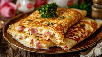 Savory crepes with ham, cheese, and béchamel sauce, on a classic wooden table with a contrasting bright floral wallpaper background