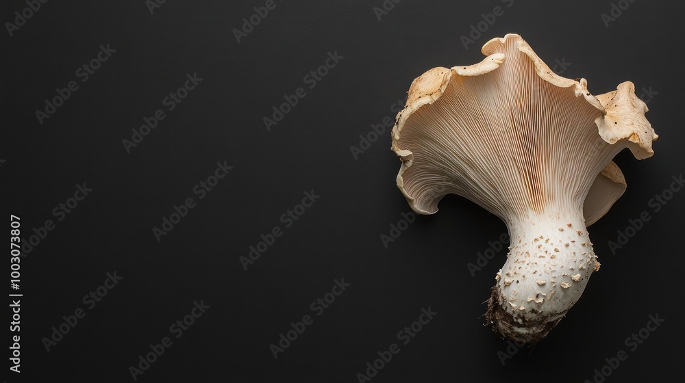Poster a single mushroom on a dark background, showcasing its unique shape and texture.