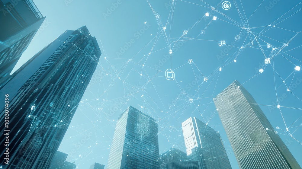 Poster a cityscape with connected network lines and technology icons, representing the digital transformati