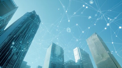 A cityscape with connected network lines and technology icons, representing the digital transformation of urban environments. The background is a clear blue sky, symbolizing hope for future