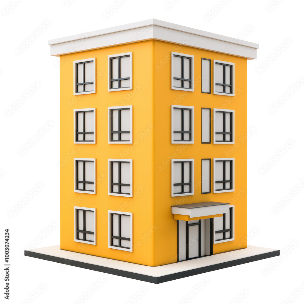 Poster 3d illustration of a yellow apartment building with multiple windows. this colorful design symbolize