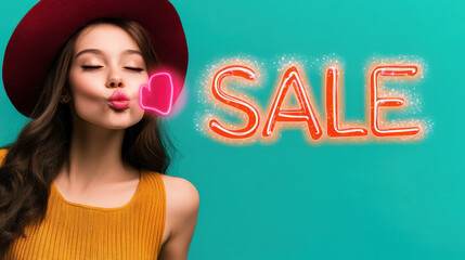 Charming woman in a stylish hat celebrates a sale, creating a cheerful atmosphere with vibrant colors and playful expressions.