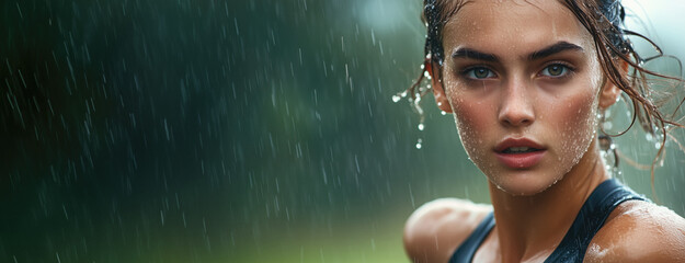 Obraz premium Athletic woman in sportswear running outdoors on a rainy day