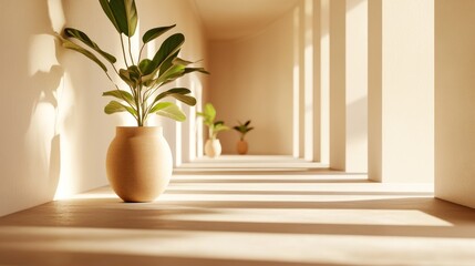 Fototapeta premium A serene interior space with potted plants casting soft shadows in warm light.