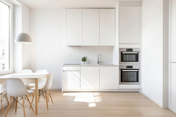 Fototapeta premium Bright and modern kitchen with minimalist design, featuring sleek cabinetry and wooden floors, perfect for contemporary living.