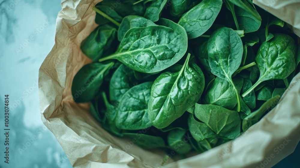 Wall mural Fresh spinach leaves in a paper bag, ready for cooking or salad preparation.