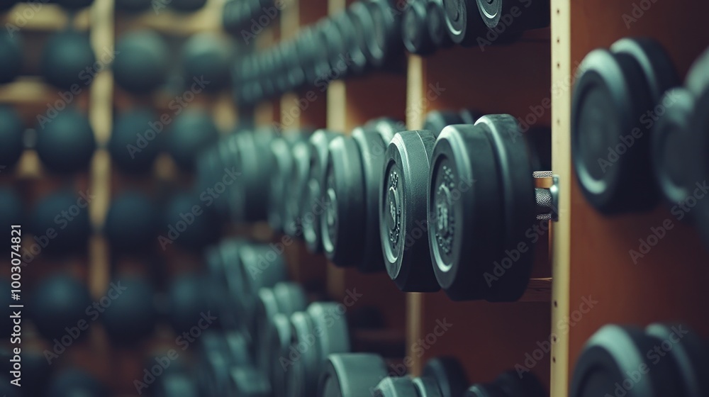 Poster a close-up view of a rack filled with various dumbbells in a gym setting.