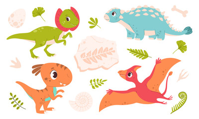 Set of cute, colorful dinosaurs. Pterodactyl, Ankylosaurus, Dilophosaurus in cartoon style. Fossils. Ammonite, Fossilized fern footprint, plant leaves, egg, bone, dinosaur footprints.