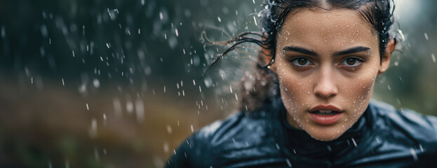 Athletic woman in sportswear running outdoors on a rainy day