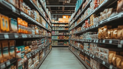 Fototapeta premium Supermarket aisle with shelves stocked with goods.