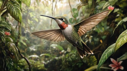 Fototapeta premium A hummingbird in flight looking for nectar in the jungle.