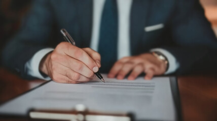 A close-up view of a hand signing important business paperwork, capturing the essence of professionalism and attention to detail in a formal setting.