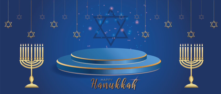 Happy Hanukkah Round Podium Stage. with Golden Inscription and Star of David Candle Holder with Burning Candles Hanukkah Celebration Candelabra Traditional Israel Decoration Vector Illustration