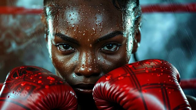 A determined boxer wearing red gloves prepares for a fight in the ring