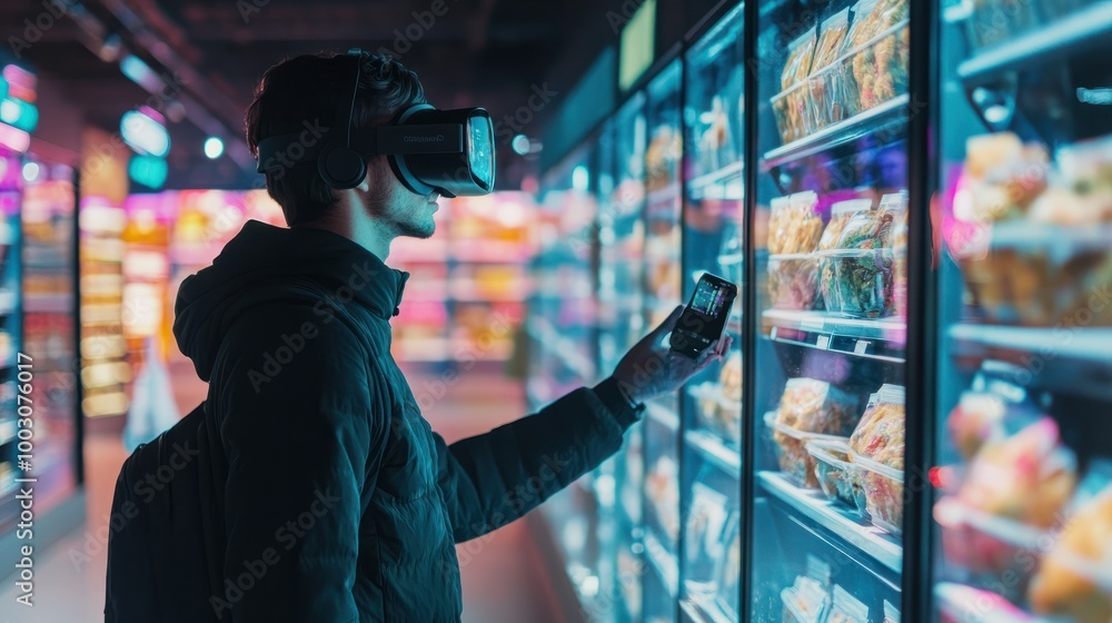 Poster a shopper navigating through a virtual reality store, exploring the future of immersive e-commerce. 