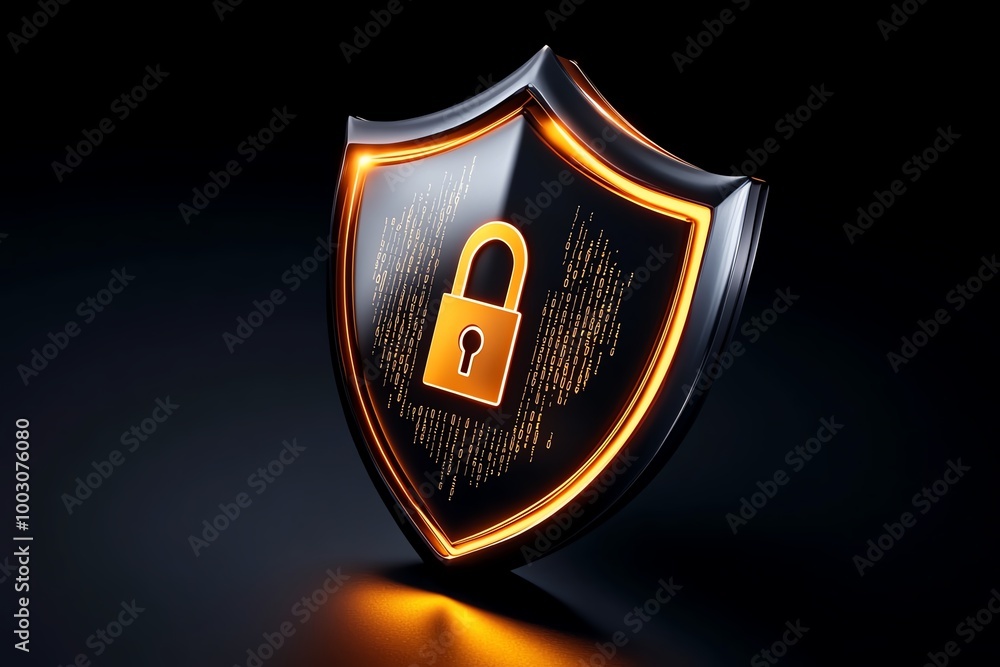 Poster minimalist cybersecurity shield icon, with a simple glowing lock and abstract code lines symbolizing