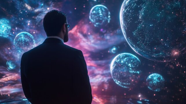 Business technology concept: businessman with planets and hologram.