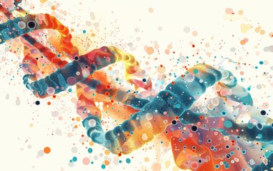 Abstract colorful DNA strand with vibrant hues and particles, representing genetic code and scientific discovery.