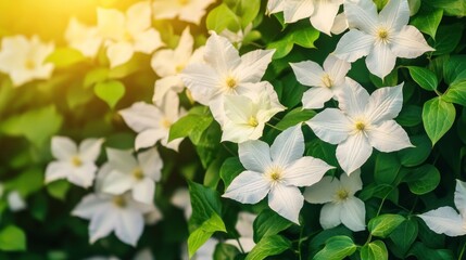 Obraz premium A vibrant display of white flowers surrounded by lush green leaves in natural light.