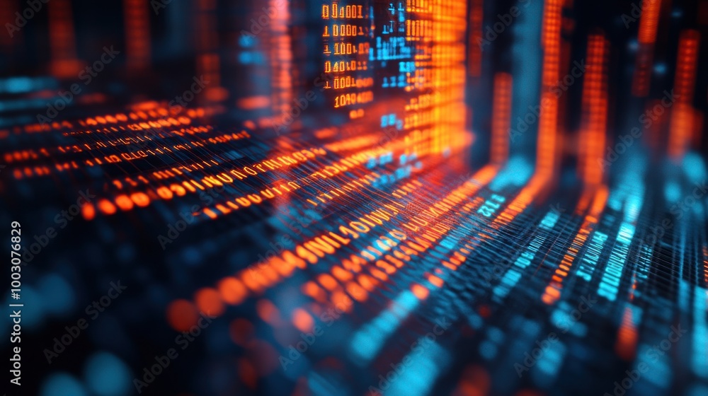 Poster abstract digital data stream with glowing binary code in blue and orange hues.