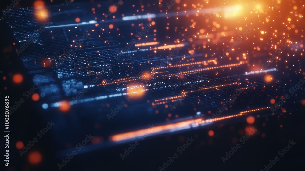 Poster abstract digital visualization with glowing particles and lines representing data flow.